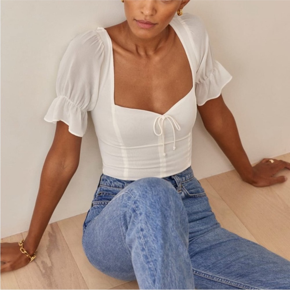 Reformation | Delevan Short Puff Sleeve in White linen size 4